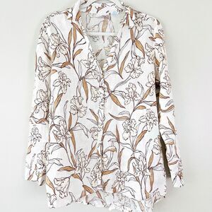 Cynthia Rowley 100% Linen Earthy Brown & White Floral Blouse Resort Wear Medium